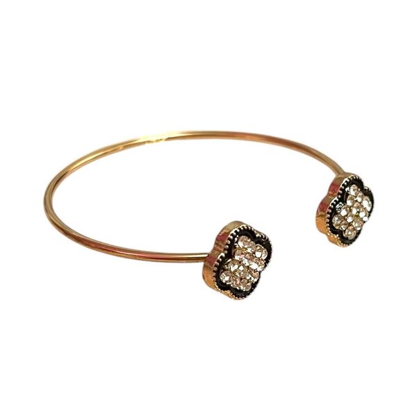 Elegant Double Clover Clear Rhinestone Black Edge Gold Tone Open Cuff Bracelet - Picture 2 of 3